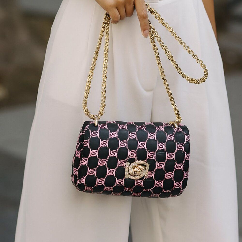 Bebe Liv Logo Monogram Crossbody Black Light Pink Gold Chain NWT